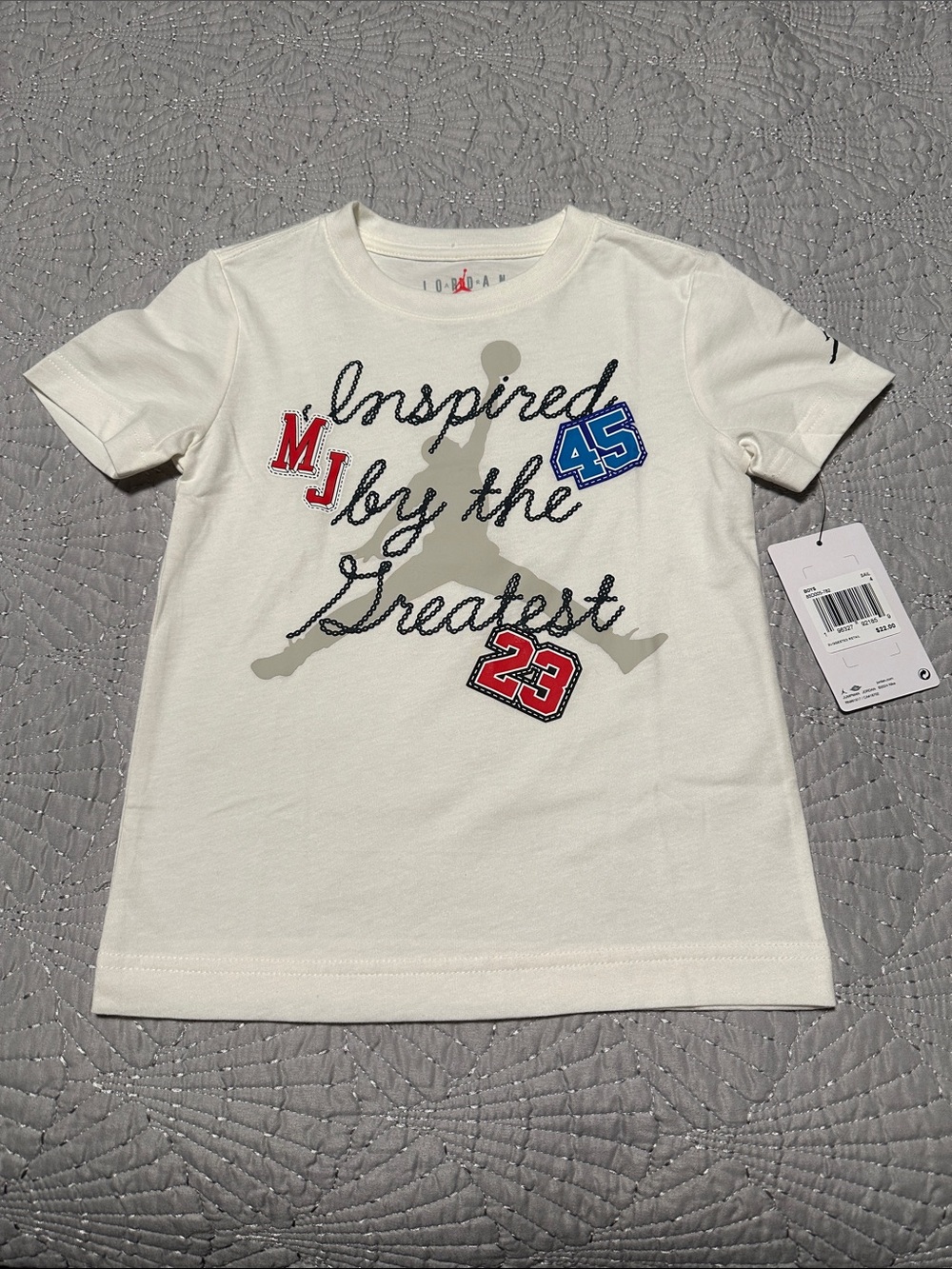 Jordan Little Boys Off White Graphic Tee, NWT’s, Size 4